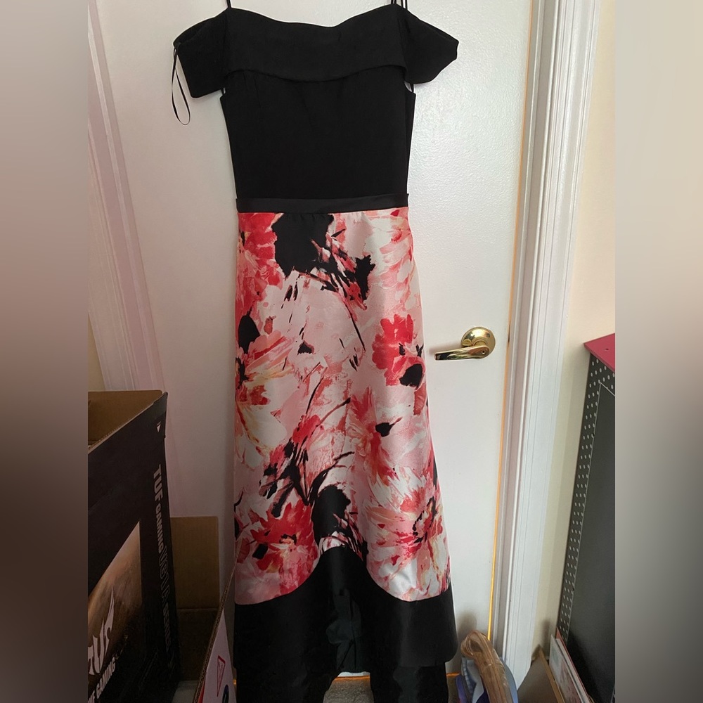 Black with flower print prom dress